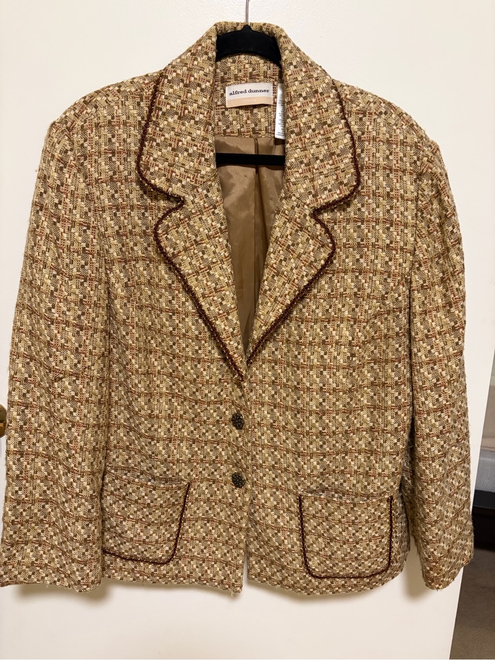 Alfred Dunner Multicolor Tweed Blazer in Beige and Brown missing button.